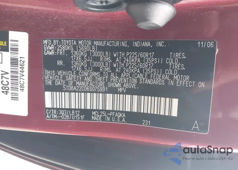 2006 Toyota Sienna Xle Limited из США, поврежденный, VIN 5TDBA22C06S075991